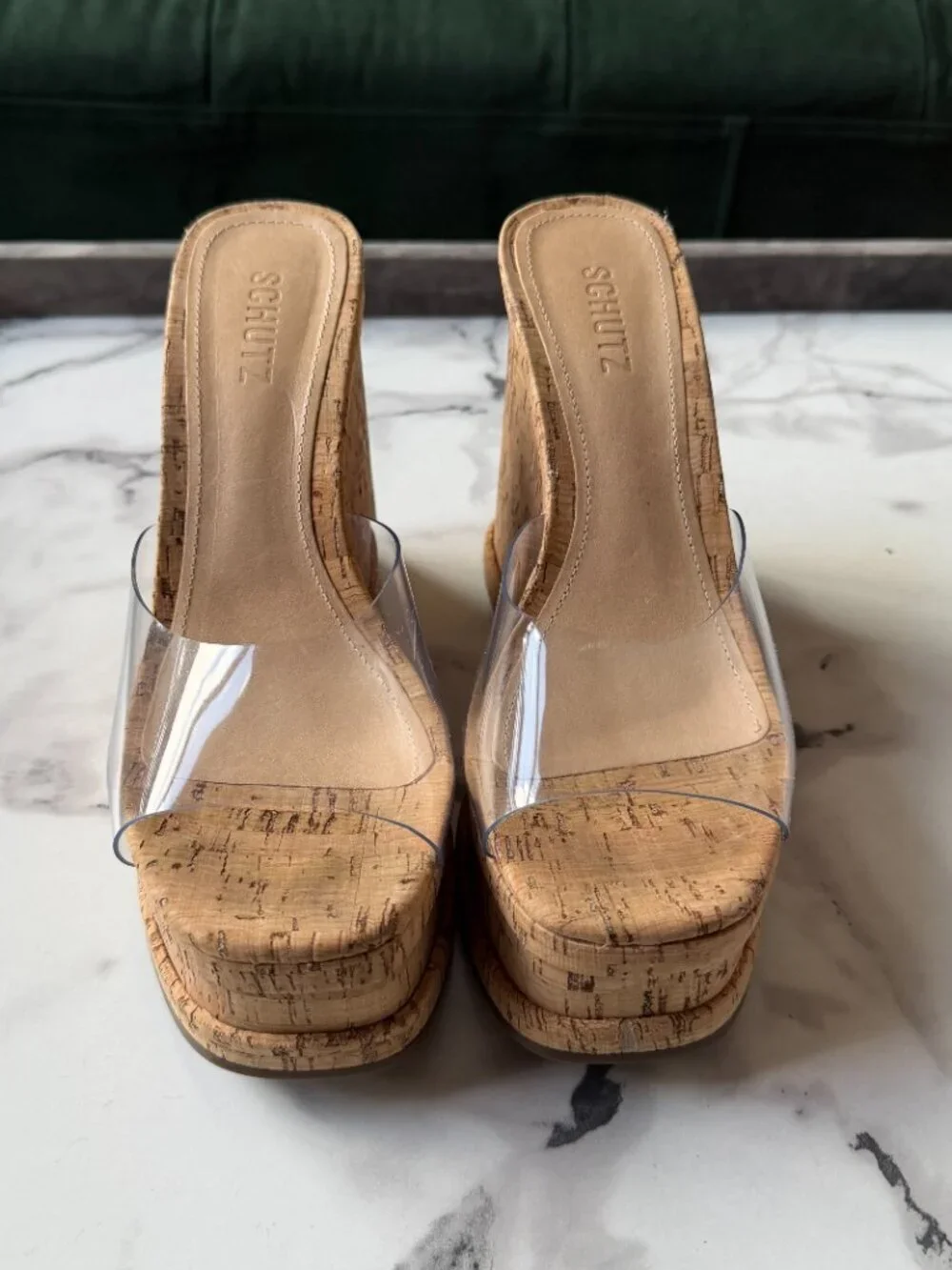 SCHUTZ Dalle Clear Vinyl Cork Platform Wedge Sandals Size 9